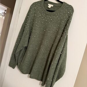 Green Sweater with Pearl Embellishments